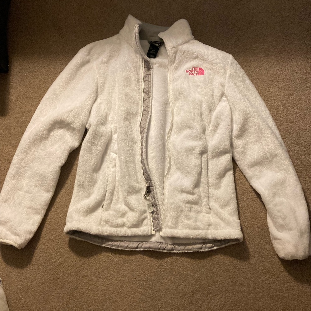North Face fuzzy white zip up